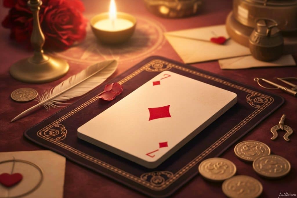 Carte du 7 de carreau posée sur un tapis de cartomancie, symbole de communication et de négociations