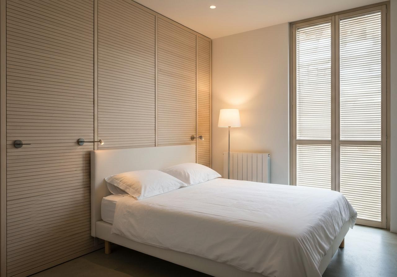 Chambre épurée avec literie adaptée et lumière tamisée