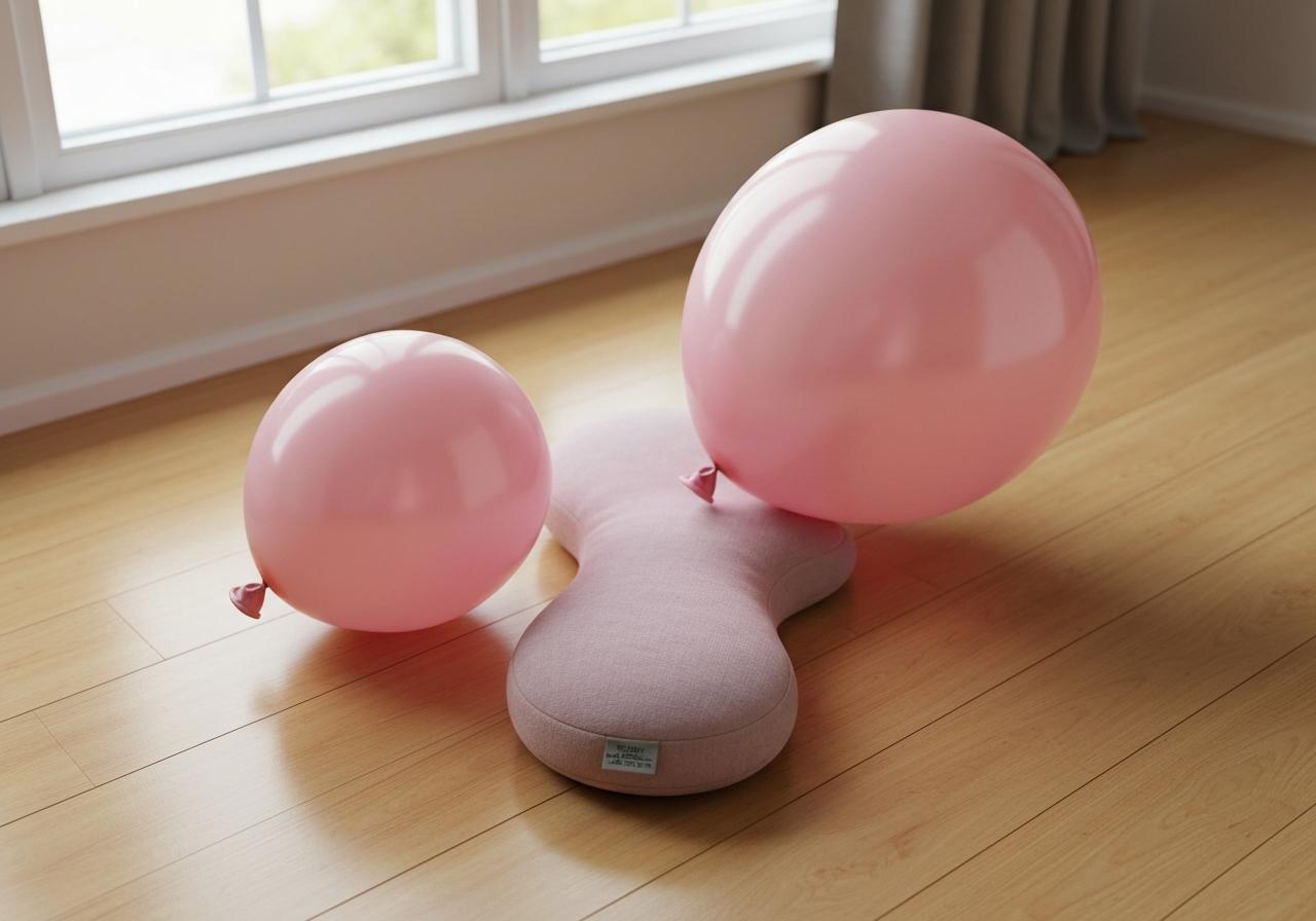 Coussin de soutien et ballon de grossesse sur sol en bois