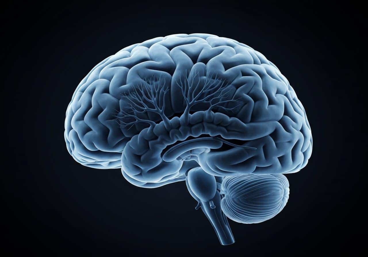 Cerveau humain en coupe avec zones du tronc cérébral en lumière