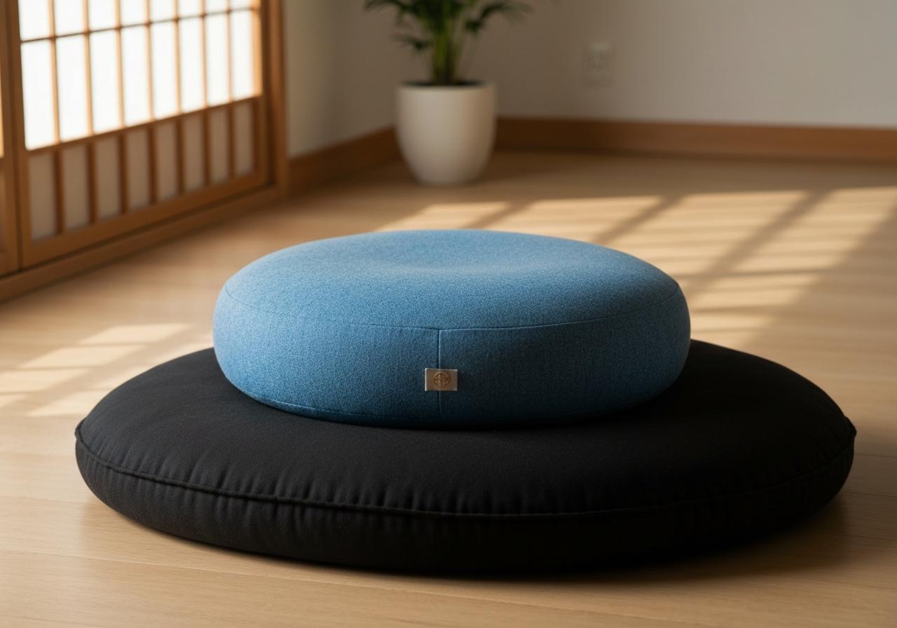 Coussin de méditation zafu sur tatami, espace calme et épuré