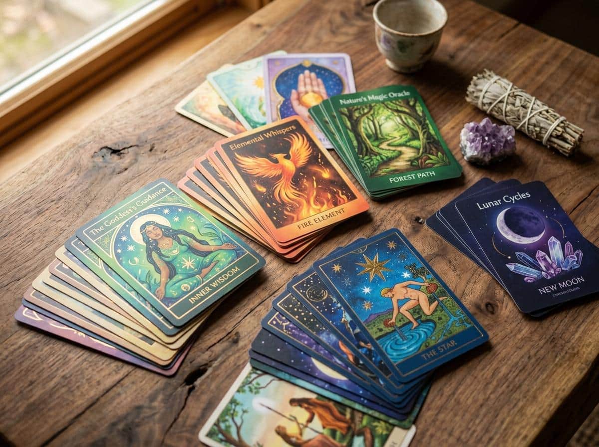 Jeux de cartes oracle étalés sur surface en bois