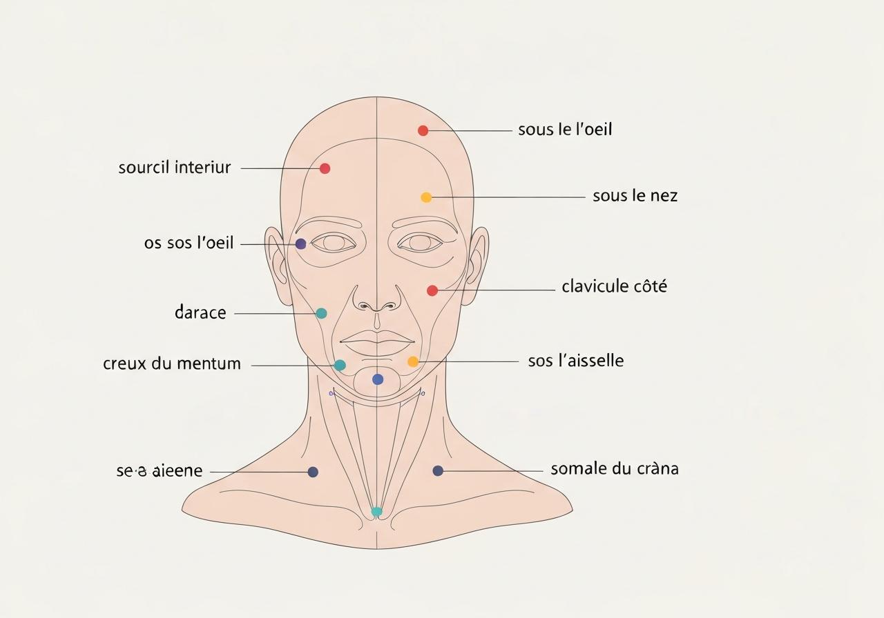 Points de tapping sur le visage et le corps, vue anatomique