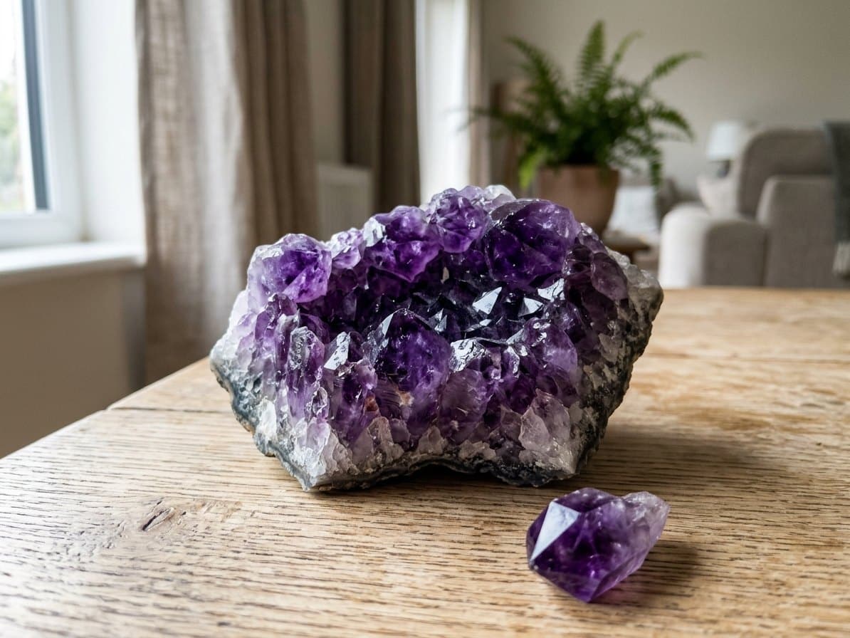 Améthyste violette posée sur une table en bois