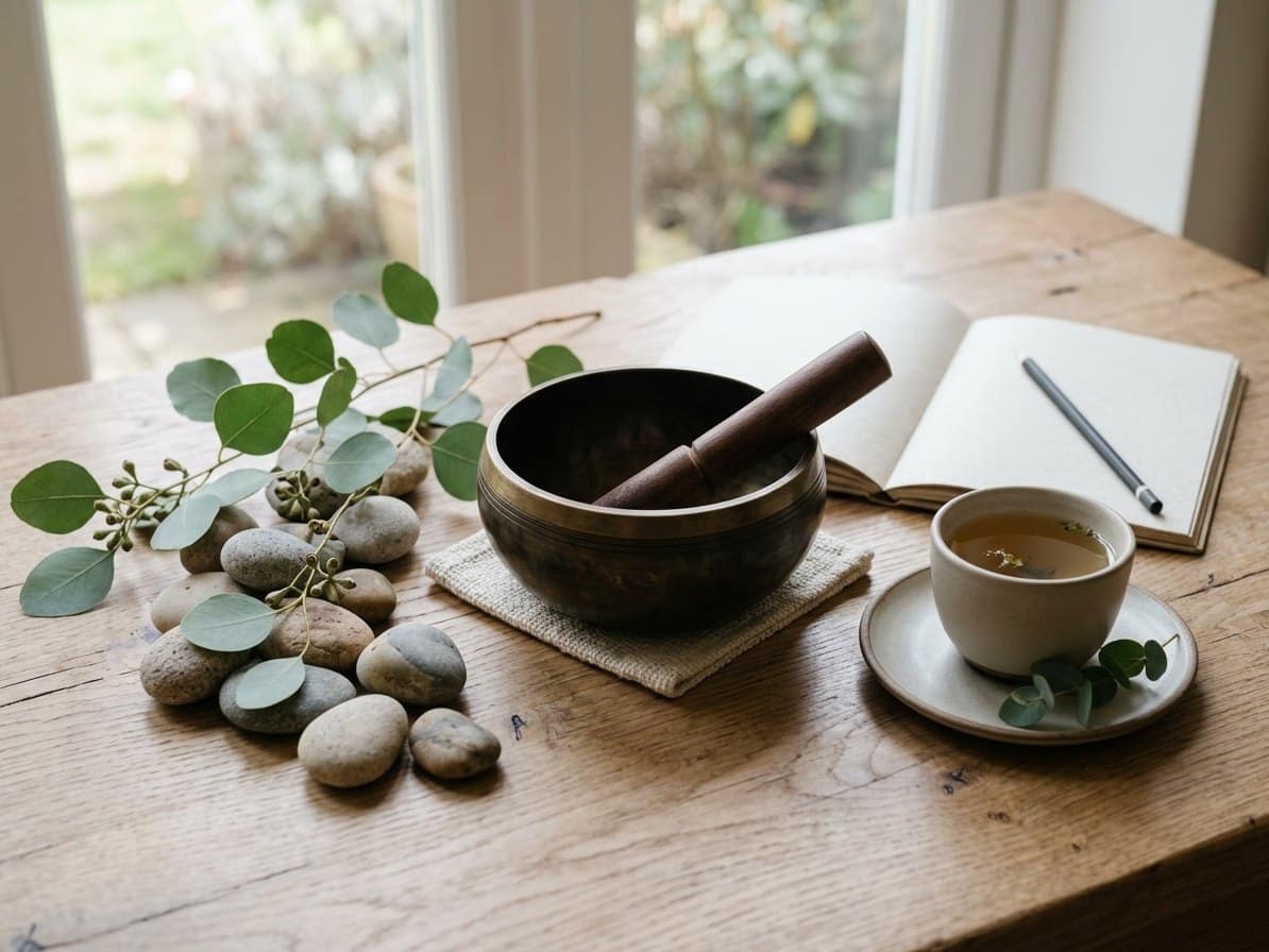 Bol chantant, galets, eucalyptus et carnet sur une table en bois